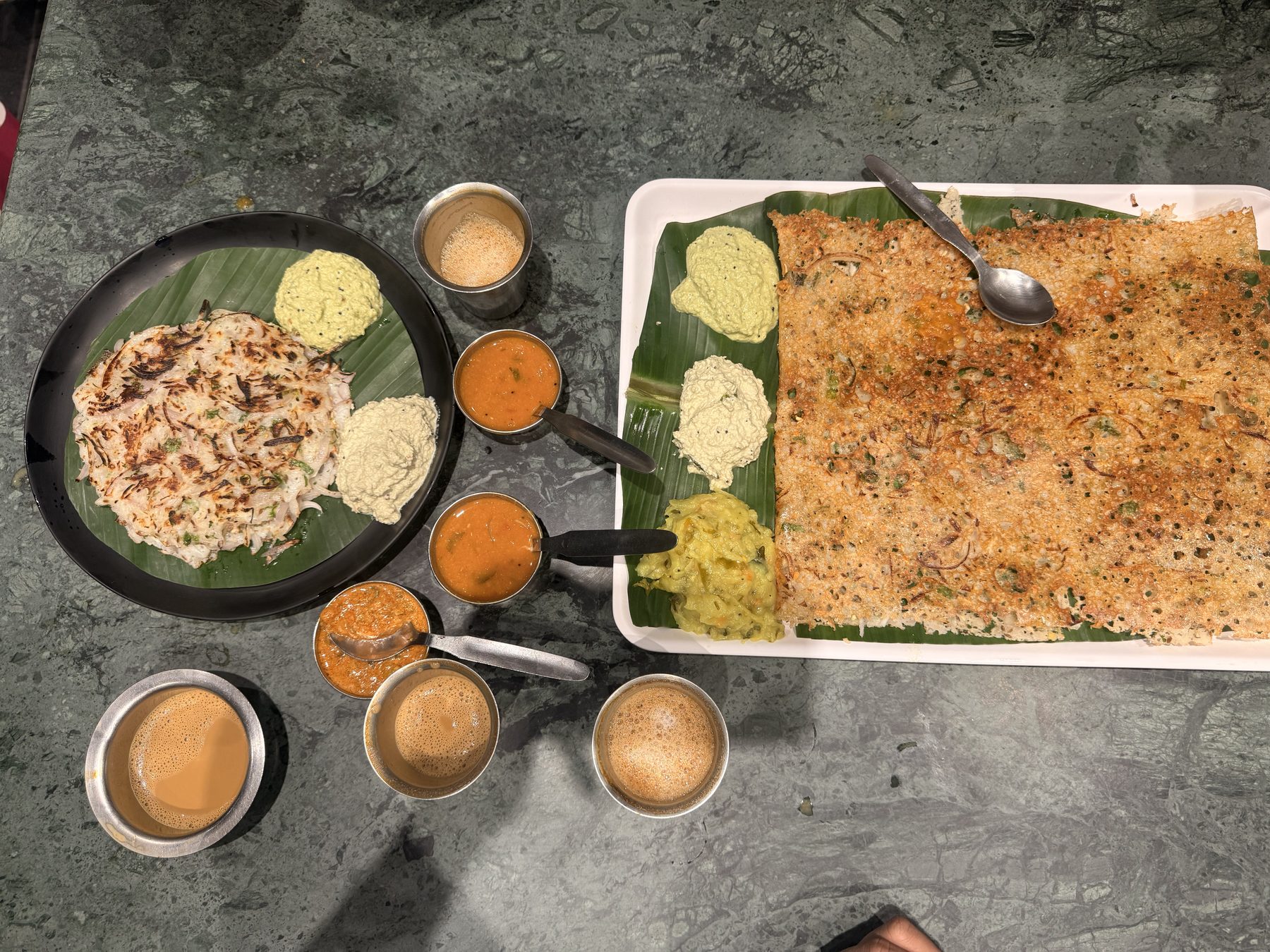 South Indian breakfast with dosa, uttapam, chutneys, and filter coffee